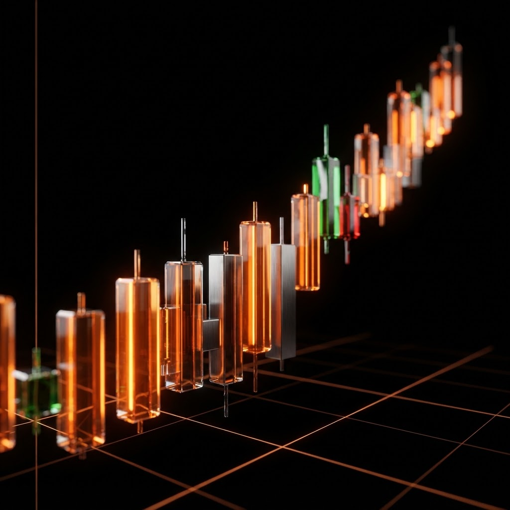 Gráfico de candles 3D em tendência de alta representando a oferta de day trade